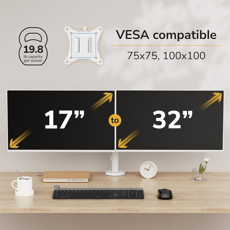 Mount-It! Dual Monitor Mount for Desk, Adjustable Tilt Swivel on Double Monitor Mounts for Screens up to 32”, Dual Monitor Arms for 2 Monitors, VESA 75x75 and 100x100 C-clamp & Grommet in White - Image 4